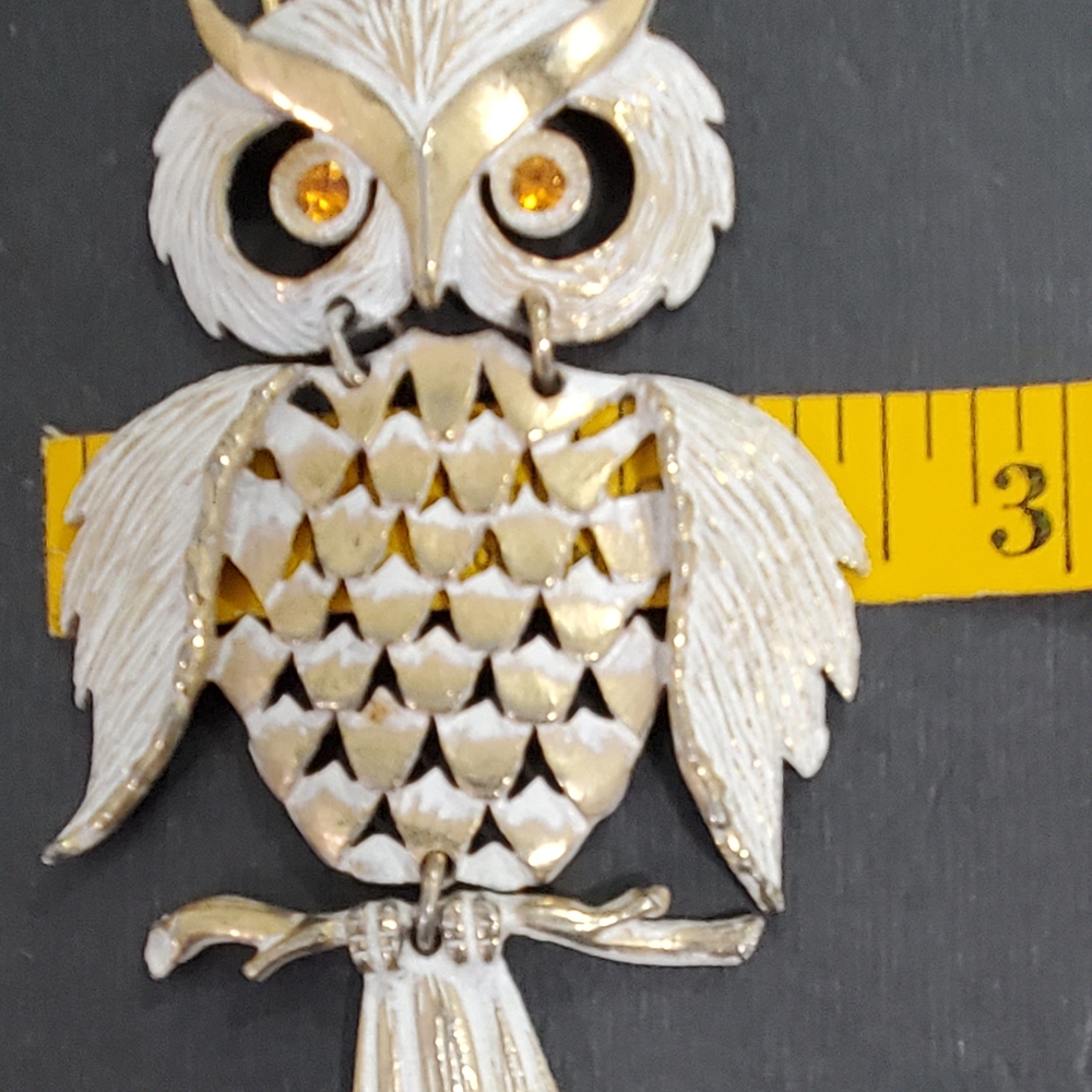 Vintage Owl Brooch with Rhinestone Eyes